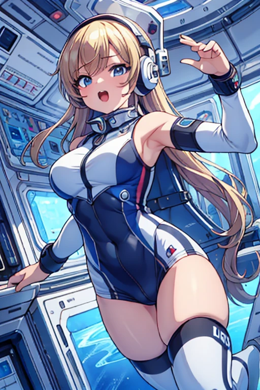 top-quality,Top image quality,in 8K,4K,​masterpiece,ultra-detailliert,Beautiful,ultra-quality, best quality,high resolution, ultra-detailed,game cg,dutch angle,(acrobatic pose):5,jumping:5,(inside spacestation,)beautiful detailed eyes,five fingers,headphone,nsfw,a beauty girl,(astrovest):5,(track uniforms),wet,(steam:1.5),Running form,open open mouth,(blonde hair),(long hair):2,Navel,space_station_interior, exercise_room, futuristic, high_technology, zero_gravity_exercise_equipment, high_resolution_landscape, sleek_design, minimalistic, 8K_resolution, game_cg_style, Dutch_angle, detailed_character, track_uniform, perfect_running_form, intense_expression, detailed_eyes, determination, steam:1.5, beauty, strength, five_fingers, visible_navel, open_mouth, ultra_quality, high_resolution, ultra_detailed,astrovest