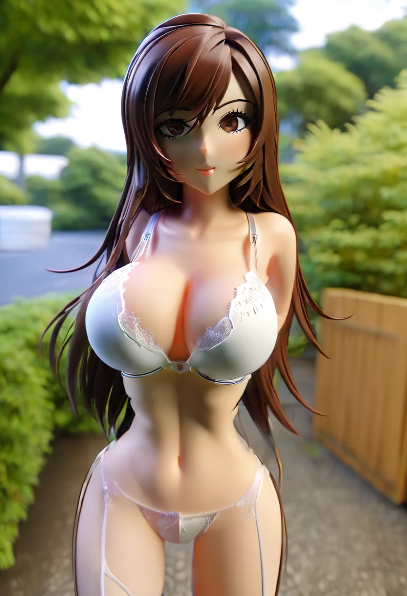 brown hair woman, has sexy lingerie, very big tits outside her bra, lying down with her legs open, a lot of semen comes out of her genitals