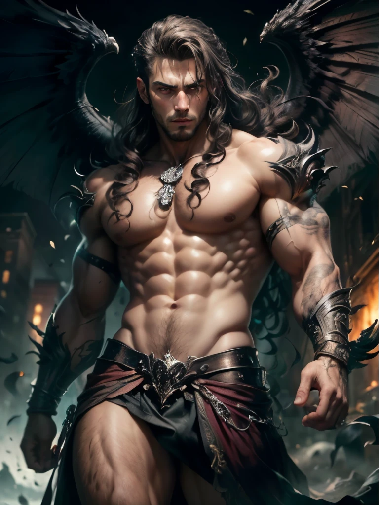 ((obra de arte, Melhor qualidade, high resolution)) Brutal handsome man with two black demonic wings, olhos vermelhos, cabelos brancos longos e cacheados, muscular, vestido, Pose de modelo elegante