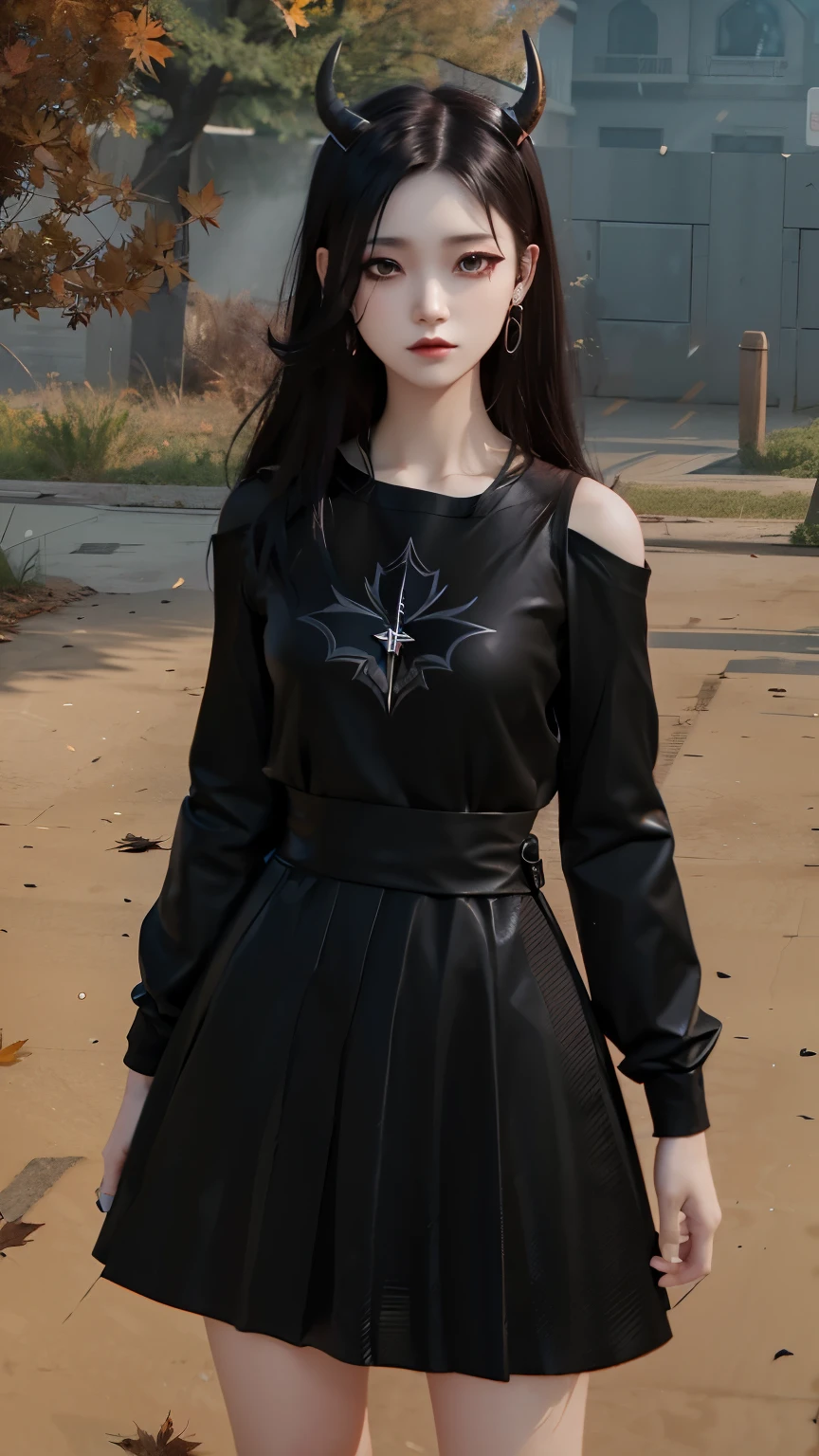 there is a woman in a black dress with horns on her head, lblsck hair, upper body avatar, black outfit, second life avatar, cruel korean goth girl, wearing black modern clothes, 🍁 cute, with straight black hair, pitch black skin, very grainy, wearing black clothes