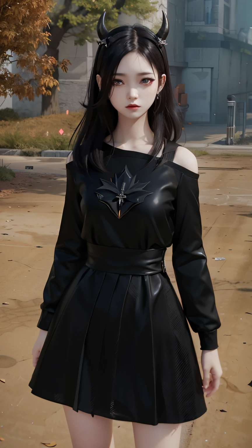there is a woman in a black dress with horns on her head, lblsck hair, upper body avatar, black outfit, second life avatar, cruel korean goth girl, wearing black modern clothes, 🍁 cute, with straight black hair, pitch black skin, wearing black clothes