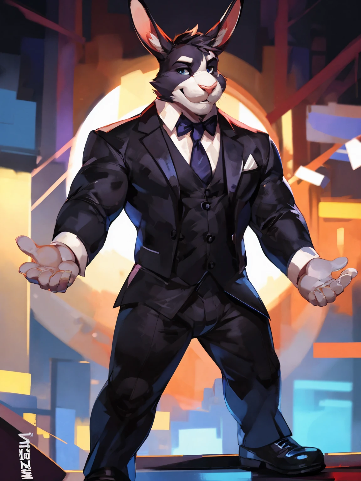 Medium muscular, rabbit, in black suit, tuxedo, full body, legs, By mystikfox61