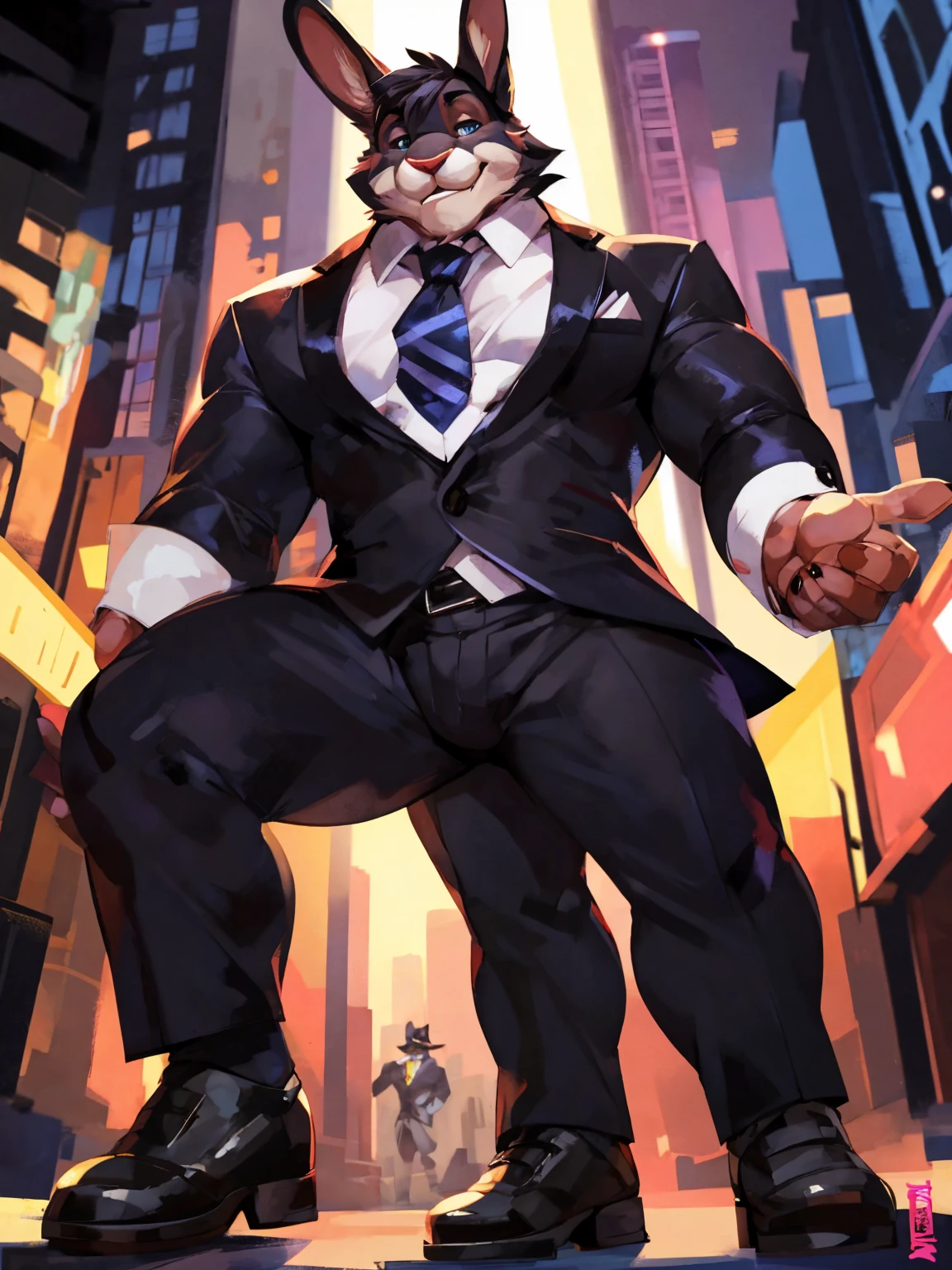 Medium muscular, rabbit, in black suit, tuxedo, full body, legs, By mystikfox61