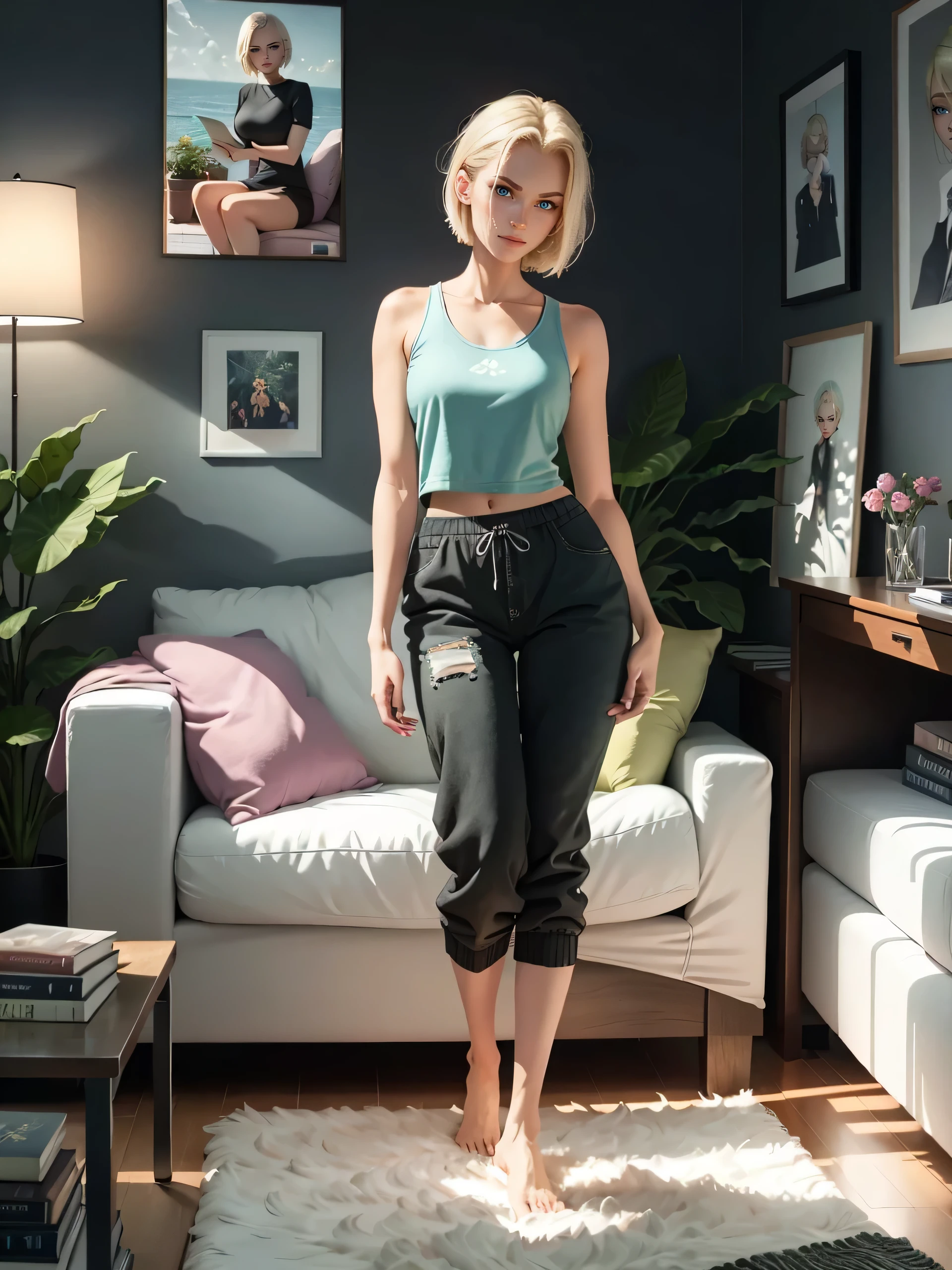 best quality, 1woman, solo, hot, adult,android 18, blonde hair, blue eyes, short hair, piercing eyes, perfect body, 25 years old, sexy, alluring, sitting, sofa, playful, sofa, living room, cozy, cheerful, posters, pillows, blankets, lava lamp, desk, chair, cozy atmosphere, bright colors, soft pastels, flowers, plants, books, novels, plushies, figurines, posters, pictures, posters, wall scrolls, stickers, decorations, bed, blankets, pillows, warm blankets, comfortable clothes, casual attire, leisure wear, sweatshirt, sweatpants, shorts, t-shirt, tank top, socks, curvy legs