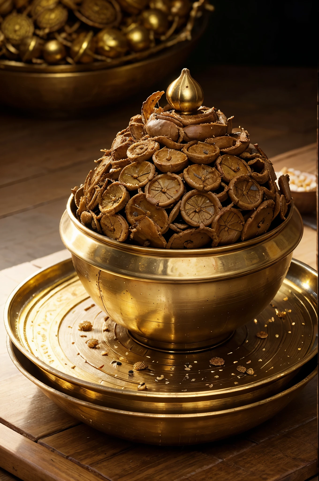 Create a captivating image showcasing crunchy Manapparai murukku displayed in an elegant South Indian brass or ceramic bowl. The murukku should be arranged beautifully, highlighting its distinct spiral shape and golden-brown texture. Sprinkle a delicate mix of sesame seeds and curry leaves over the murukku for added visual appeal. Capture the crispiness and savory essence of the snack under soft, natural lighting to accentuate its crunchy texture and rich flavors. Emphasize the artisanal craftsmanship and cultural heritage associated with Manapparai murukku through the composition and presentation in the bowl, evoking a sense of culinary tradition and gastronomic pleasure.