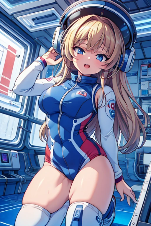 top-quality,Top image quality,in 8K,4K,masterpiece,ultra-detailliert,Beautiful,ultra-quality, best quality,high resolution, ultra-detailed,game cg,dutch angle,(acrobatic pose):5,jumping:5,(inside spacestation,)beautiful detailed eyes,five fingers,headphone,nsfw,a beauty girl,(astrovest):5,(track uniforms),wet,(steam:1.5),Running form,open open mouth,(blonde hair),(long hair):2,Navel,space_station_interior, exercise_room, futuristic, high_technology, zero_gravity_exercise_equipment, high_resolution_landscape, sleek_design, minimalistic, 8K_resolution, game_cg_style, Dutch_angle, detailed_character, track_uniform, perfect_running_form, intense_expression, detailed_eyes, determination, steam:1.5, beauty, strength, five_fingers, visible_navel, open_mouth, ultra_quality, high_resolution, ultra_detailed,astrovest