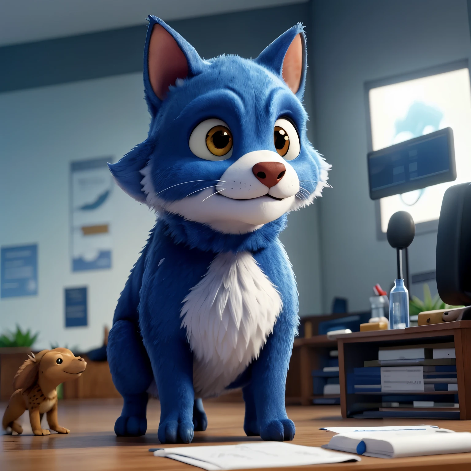 A close up of a cat sitting on a desk next to a toy - SeaArt AI