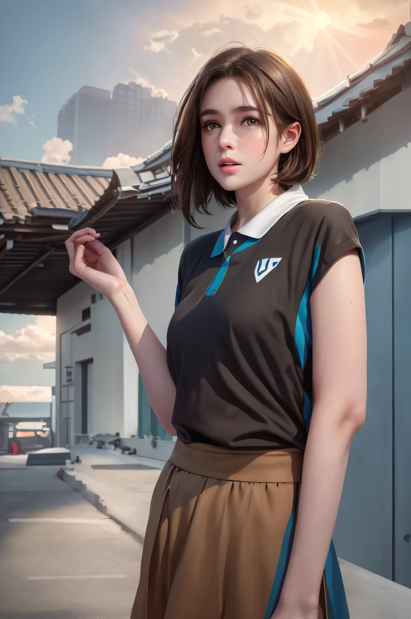 need,masterpiece,light brown hair,short hair,outdoor,Blue sky,roof of the building,8K,athletics uniforms,Upper body,