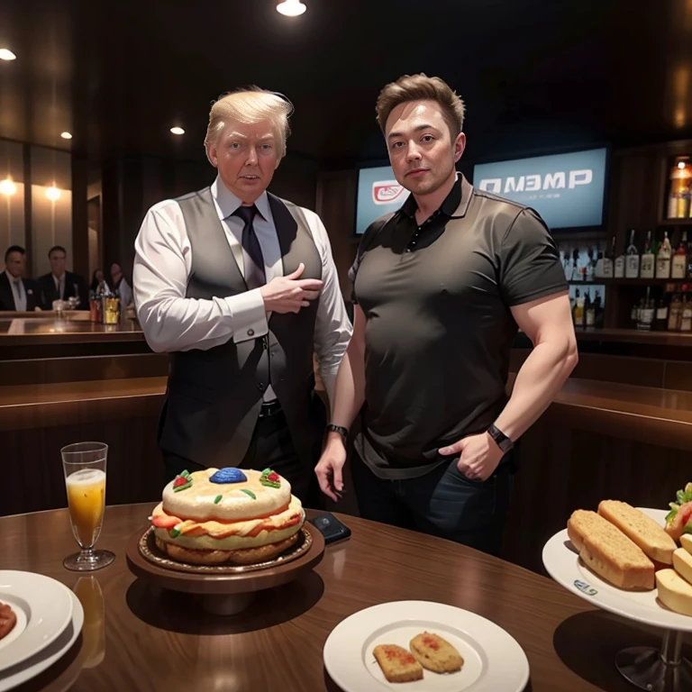 Elon musk com uma frigideira de ovos, sentado com Donald Trump na mesa do bar do Brasil.