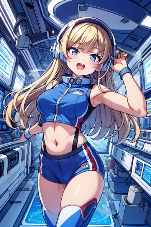 top-quality,Top image quality,in 8K,4K,masterpiece,ultra-detailliert,Beautiful,ultra-quality, best quality,high resolution, ultra-detailed,game cg,dutch angle,(acrobatic pose):5,jumping:5,(inside spacestation,)beautiful detailed eyes,five fingers,headphone,nsfw,a beauty girl,(astrovest):5,(track uniforms),wet,(steam:1.5),Running form,open open mouth,(blonde hair),(long hair):2,Navel,space_station_interior, exercise_room, futuristic, high_technology, zero_gravity_exercise_equipment, high_resolution_landscape, sleek_design, minimalistic, 8K_resolution, game_cg_style, Dutch_angle, detailed_character, track_uniform, perfect_running_form, intense_expression, detailed_eyes, determination, steam:1.5, beauty, strength, five_fingers, visible_navel, open_mouth, ultra_quality, high_resolution, ultra_detailed,astrovest
