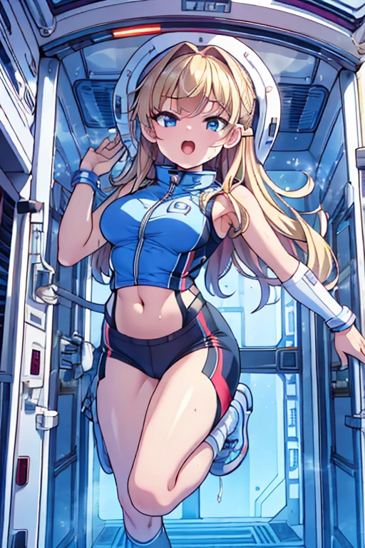 top-quality,Top image quality,in 8K,4K,​masterpiece,ultra-detailliert,Beautiful,ultra-quality, best quality,high resolution, ultra-detailed,game cg,dutch angle,(acrobatic pose):5,jumping:5,(inside spacestation,)beautiful detailed eyes,five fingers,headphone,nsfw,a beauty girl,(astrovest):5,(track uniforms),wet,(steam:1.5),Running form,open open mouth,(blonde hair),(long hair):2,Navel,space_station_interior, exercise_room, futuristic, high_technology, zero_gravity_exercise_equipment, high_resolution_landscape, sleek_design, minimalistic, 8K_resolution, game_cg_style, Dutch_angle, detailed_character, track_uniform, perfect_running_form, intense_expression, detailed_eyes, determination, steam:1.5, beauty, strength, five_fingers, visible_navel, open_mouth, ultra_quality, high_resolution, ultra_detailed,astrovest