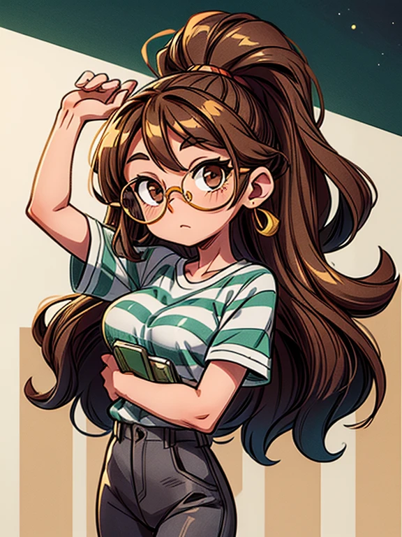 Girl with long brown curly hair, brown eyes, wearing gold circular glasses, a green and gray striped (horizontal stripes) shirt, black pants, floating in space