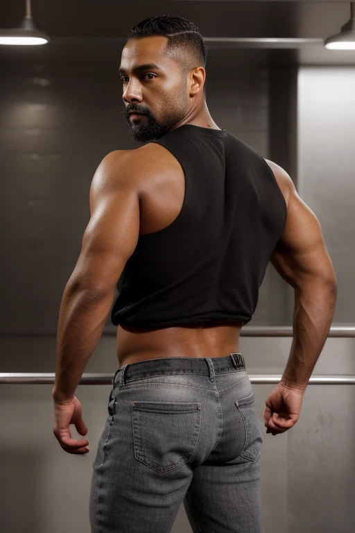 obra maestra, Mejor calidad, ultra detallado, 1 hombre guapo,  macho maduro, muscular, pedazo, bara, deportista, carne de res, negro skin, negro, piel bronceada, latino, 36 years old, negro hair, gray fur, Barbas de chivo, cabello demasiado cortado, mirando al espectador, serious expression, camiseta gris, tiro de medio cuerpo, science fiction subway background, cuerpo completo con jeans, de espaldas, backside 
