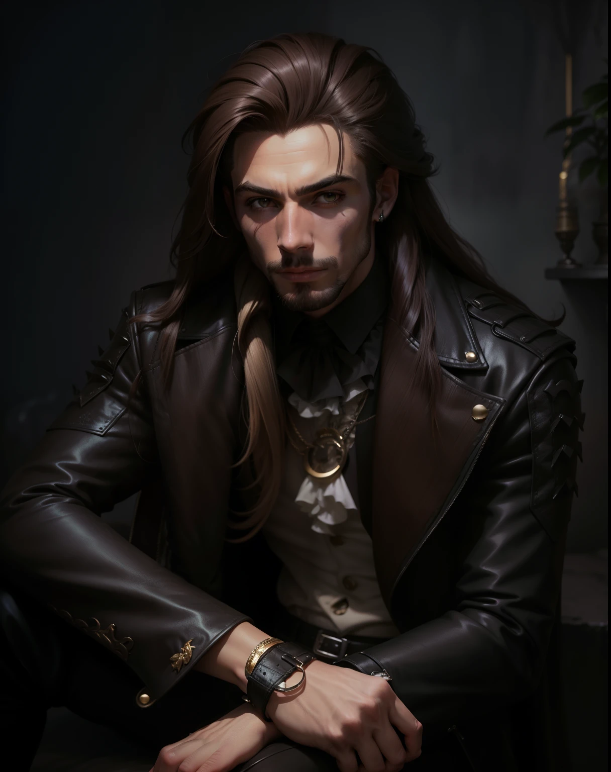 garoto, jaqueta de couro, pele marrom, cabelo longo e liso,4K, Gothic