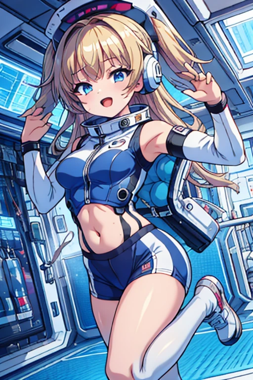 top-quality,Top image quality,in 8K,4K,masterpiece,ultra-detailliert,Beautiful,ultra-quality, best quality,high resolution, ultra-detailed,game cg,dutch angle,(acrobatic pose):5,jumping:5,(inside spacestation,)beautiful detailed eyes,five fingers,headphone,nsfw,a beauty girl,(astrovest):5,(track uniforms),wet,(steam:1.5),Running form,open open mouth,(blonde hair),(long hair):2,Navel,space_station_interior, exercise_room, futuristic, high_technology, zero_gravity_exercise_equipment, high_resolution_landscape, sleek_design, minimalistic, 8K_resolution, game_cg_style, Dutch_angle, detailed_character, track_uniform, perfect_running_form, intense_expression, detailed_eyes, determination, steam:1.5, beauty, strength, five_fingers, visible_navel, open_mouth, ultra_quality, high_resolution, ultra_detailed,astrovest