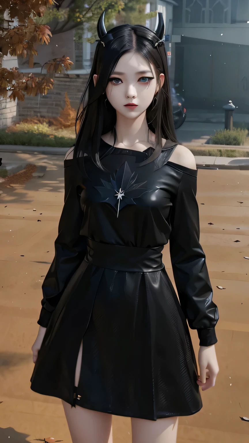 there is a woman in a black dress with horns on her head, lblsck hair, upper body avatar, black outfit, second life avatar, cruel korean goth girl, wearing black modern clothes, 🍁 cute, with straight black hair, pitch black skin, wearing black clothes