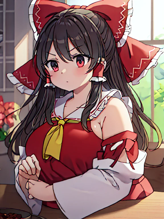 Reimu hakurei, obese, chubby, fat rolls, sideboob, full body