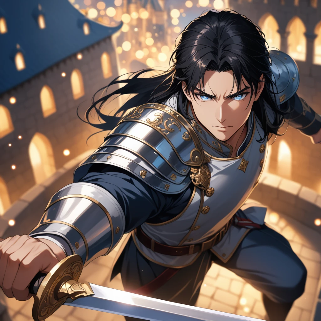 ((1man)), a handsome man in a castle, handsome face, fighting with a sword, 8K, (dynamic perspective), sharp focus, (depth of field, bokeh:1.3), extremely detailed eyes and face, beautiful detailed eyes, cinematic lighting, transparent iridescent eyes, fantasy military uniform, long hair, black hair, ((masterpiece, best quality)), from above, muscular
