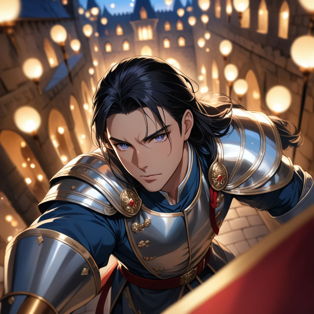 ((1man)), a handsome man in a castle, handsome face, fighting with a sword, 8K, (dynamic perspective), sharp focus, (depth of field, bokeh:1.3), extremely detailed eyes and face, beautiful detailed eyes, cinematic lighting, transparent iridescent eyes, fantasy military uniform, long hair, black hair, ((masterpiece, best quality)), from above, muscular