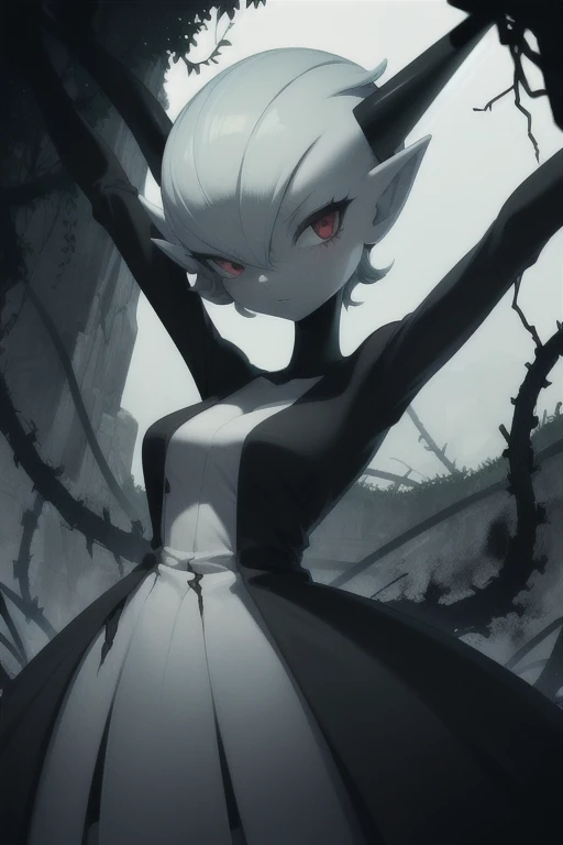 Overgrown hell life, shadow demon Gardevoir, cracked skin, grey skin, black veins, black blood, red eyes,