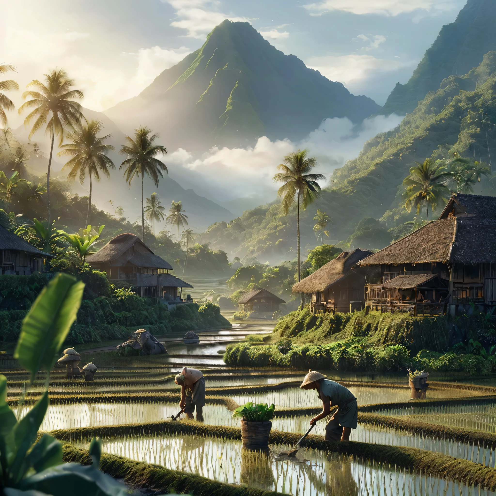 a man is working in a rice field, a matte painting, pixabay contest winner, sumatraism, 3 d virtual landscape painting, quaint village, hawaii, beautiful iphone wallpaper, mountainous jungle setting, gardening