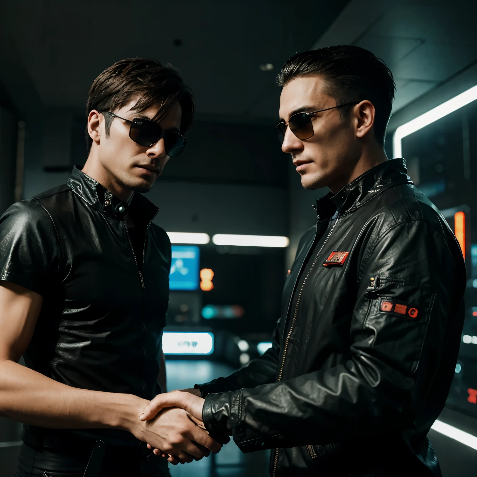 two men in sunglasses shaking hands, cyberpunk style