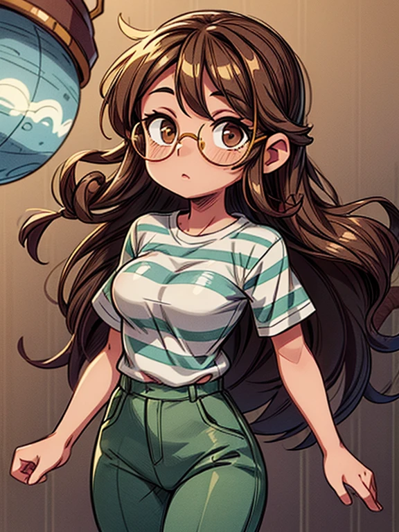 Girl with long brown curly hair, brown eyes, wearing gold circular glasses, a green and gray striped (horizontal stripes) shirt, black pants, (floating in space)