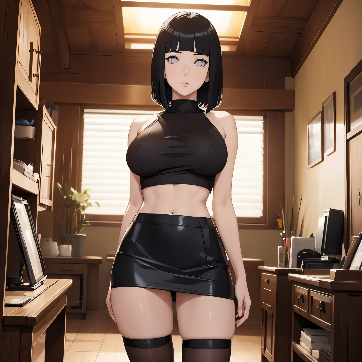 (masterpiece), anime, Best quality, good anatomy, one girl, Hinata Hyuga, Naruto, she stands at full height, table is behind her, white eyes, Big breasts, realistic face, gloomy face, Looking down, dark hair, short haircut, Naked, shiny skin big tits, black pencil skirt, tall legs, beautiful legs, office, real photo, Reflectors, 8K masterpiece, super detail, film movie, best quality, best ditails, detailed face, detailed eyes, (from below 1.1)