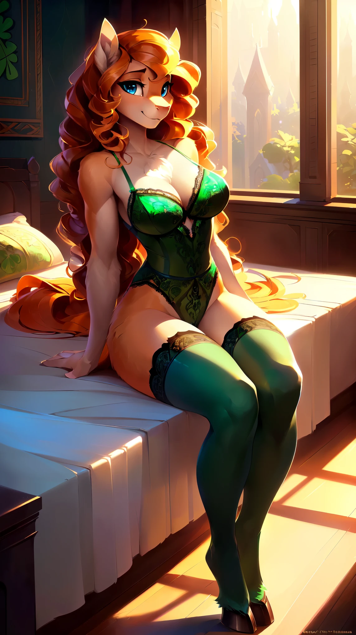 uploaded on e621, by Bayard Wu, by Thomas Benjamin Kennington, by Einshelm, solo anthro, ((Portrait)), ((Wear a St. Patrick's Day lace dress)), St. Patrick's Day, (green lingerie), (stylish stockings, transparent stockings), (detailed Bonifasko lighting), (Detailed fur), (detailed skin), (Cinematic lighting), ((Detailed background, cozy bedroom)), (half body shadow), [ambient light on the belly], [explict content], [sharp-focus], (shaded), ((Masterpiece), blue eyes, (long curly hair:1.4), (Orange hair), Average Breasts, pectoral muscles, Fluffy pony, MLP, My Little Pony, (Pear Butter), beige skin, happy, elegant pony, (fluffy fur:1.4), fluffy tights, fluffy chest, furry fantasy art, anthro art, commission for high res, Furry art, pov furry art, Sakimichan is beautiful, Masterpiece, Best Quality, Detailed image, Bright colors, Detailed Face, perfect lighting, Perfect shadows, Perfect eyes, focus on girl, flawless face, gorgeous body, Hourglass body, shiny body, feet focus (hooves in stockings), Fluffy, fluffy girl, Body fur, Animal nose, pony muzzle, Playful look, half closed eyes, 1girl, full body, Detailed fur, Balanced coloring, ((Long curly mane, curly pony tail)), Furry, anthro, (attractive body:1.5), looking at viewer, seductive gaze, seductive posing, perfect legs, perfect anthro anatomy, offering, sexual innuendo