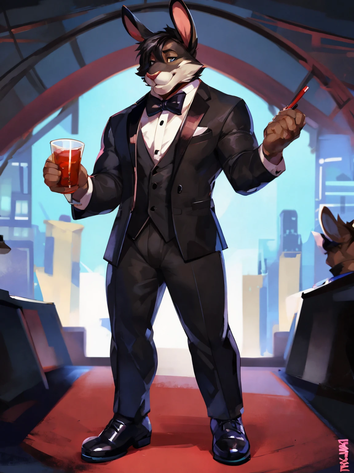 Rabbit in tuxedo, black suit, full body, ears, legs, By mystikfox61