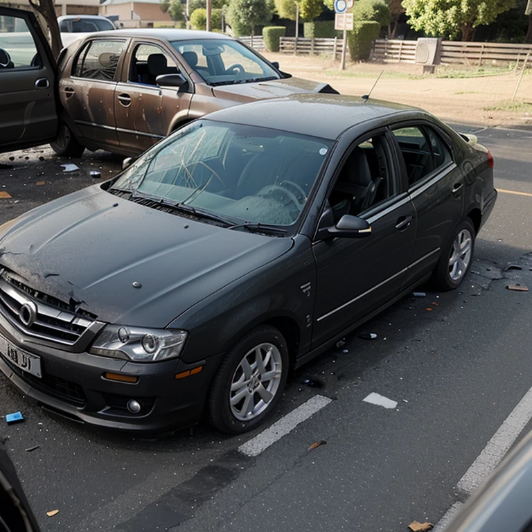 Nice car that has been crashed and you can see the damage done by the other vehicle, 