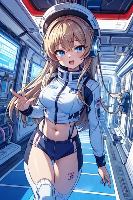 top-quality,Top image quality,in 8K,4K,​masterpiece,ultra-detailliert,Beautiful,ultra-quality, best quality,high resolution, ultra-detailed,game cg,dutch angle,(acrobatic pose):5,jumping:5,(inside spacestation,)beautiful detailed eyes,five fingers,headphone,nsfw,a beauty girl,(astrovest):5,(track uniforms),wet,(steam:1.5),Running form,open open mouth,(blonde hair),(long hair):2,Navel,space_station_interior, exercise_room, futuristic, high_technology, zero_gravity_exercise_equipment, high_resolution_landscape, sleek_design, minimalistic, 8K_resolution, game_cg_style, Dutch_angle, detailed_character, track_uniform, perfect_running_form, intense_expression, detailed_eyes, determination, steam:1.5, beauty, strength, five_fingers, visible_navel, open_mouth, ultra_quality, high_resolution, ultra_detailed,astrovest