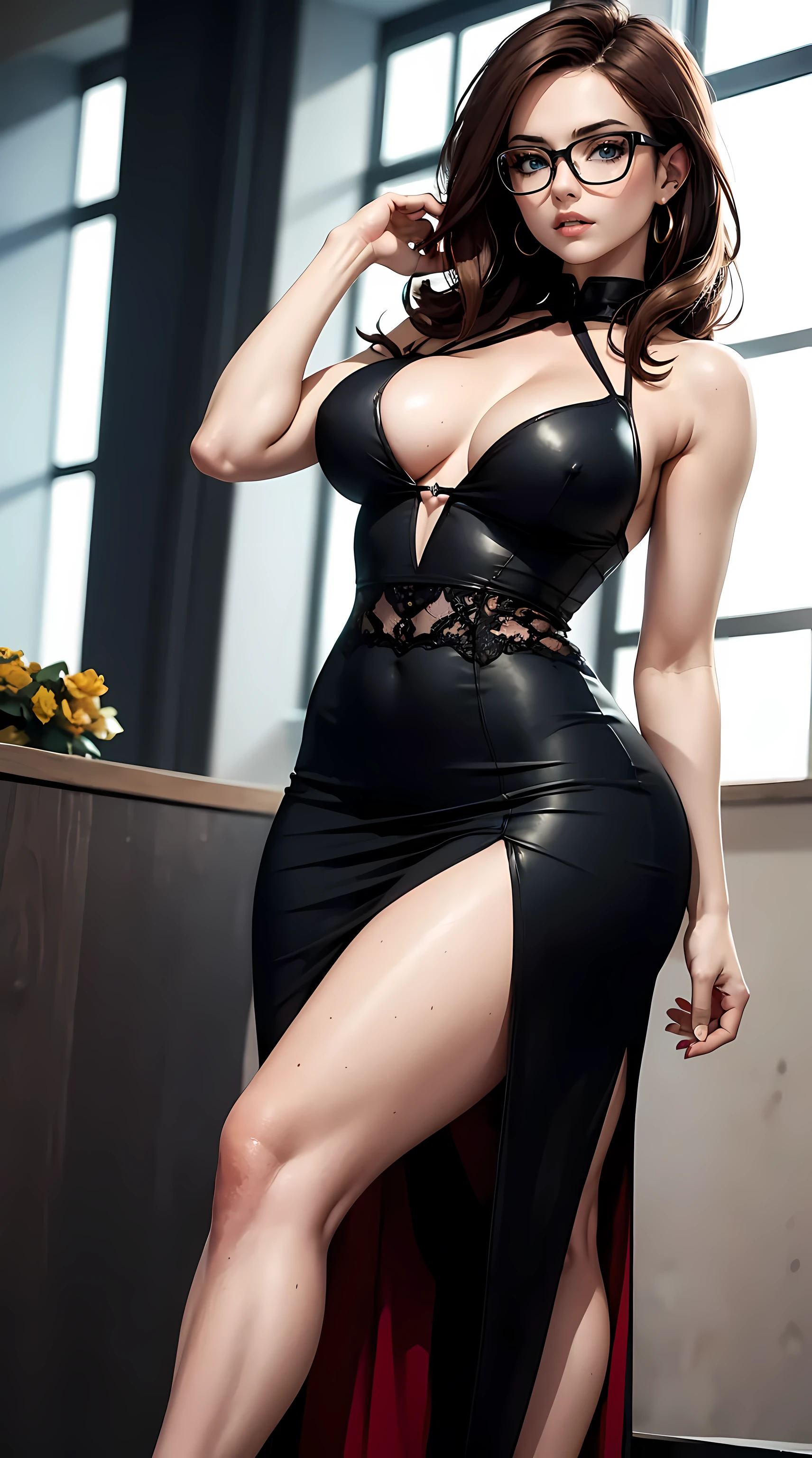 Beautiful brunette hair woman is shown to have a athletic figure, she is wearing a beautiful sexy dress, blue eyes, glasses, girl standing in a gala ballroom, sexy session, putting her hands on her waist, poseing, exposed cleavage, cowboy shot, superior quality, many details, realistic