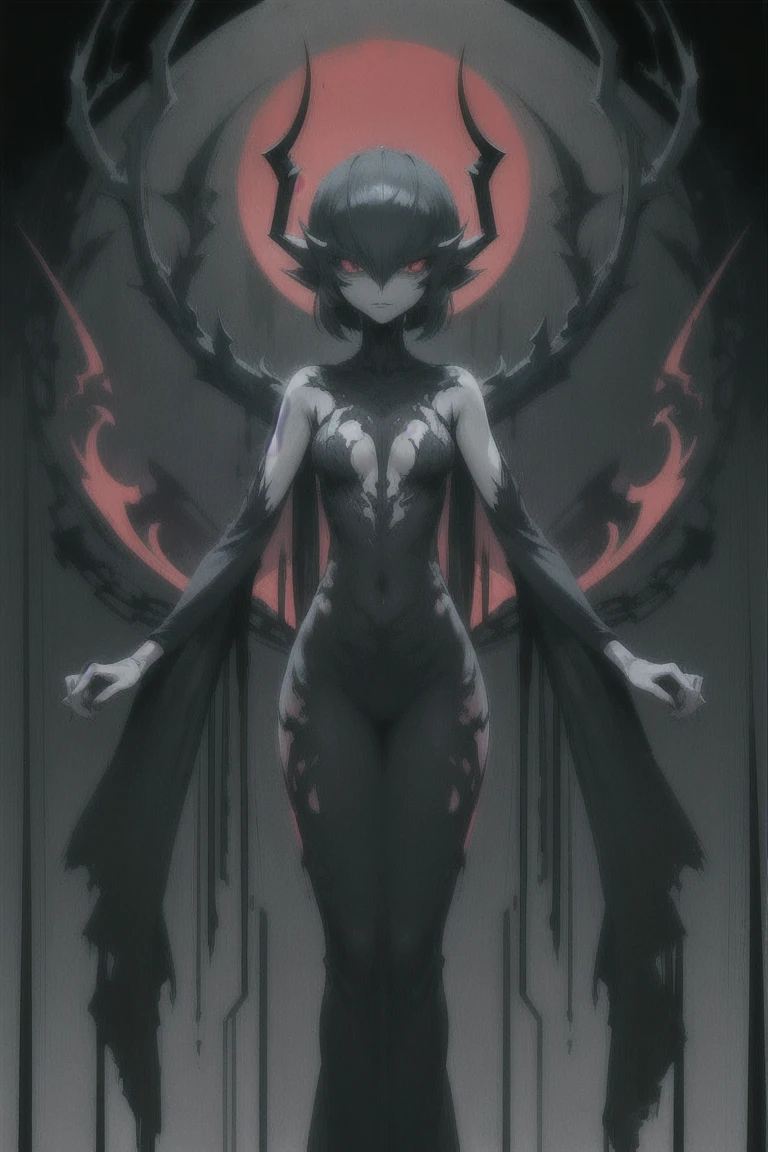 Overgrown hell life, demon lord Gardevoir, cracked skin, grey skin, black veins, black blood, red eyes,