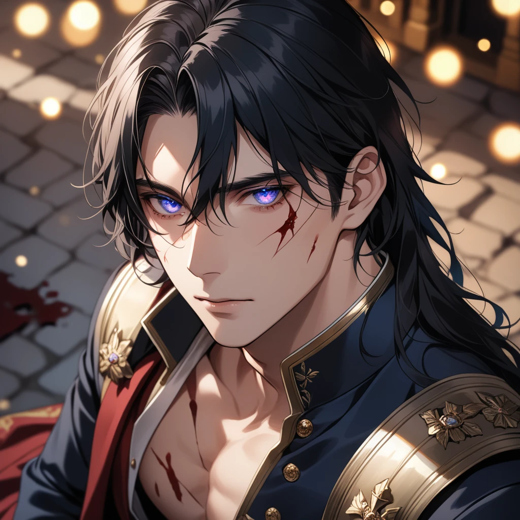 ((1man)), a handsome man in a castle, handsome face, skin and body broken with scars, blood, laying on the ground, 8K, (dynamic perspective), sharp focus, (depth of field, bokeh:1.3), extremely detailed eyes and face, beautiful detailed eyes, cinematic lighting, transparent iridescent eyes, fantasy military uniform, long hair, black hair, ((masterpiece, best quality)), from above, muscular