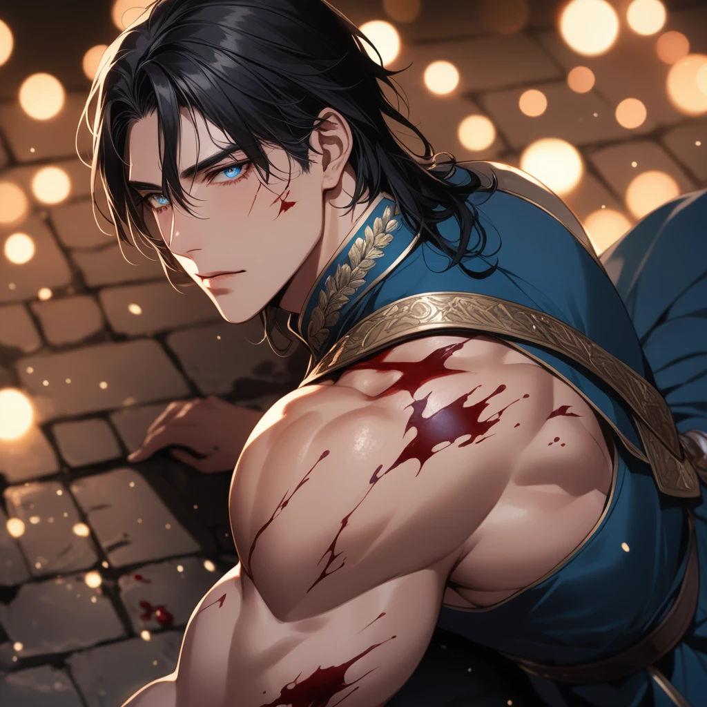 ((1man)), a handsome man in a castle, handsome face, skin and body broken with scars, blood, laying on the ground, 8K, (dynamic perspective), sharp focus, (depth of field, bokeh:1.3), extremely detailed eyes and face, beautiful detailed eyes, cinematic lighting, transparent iridescent eyes, fantasy military uniform, long hair, black hair, ((masterpiece, best quality)), from above, muscular