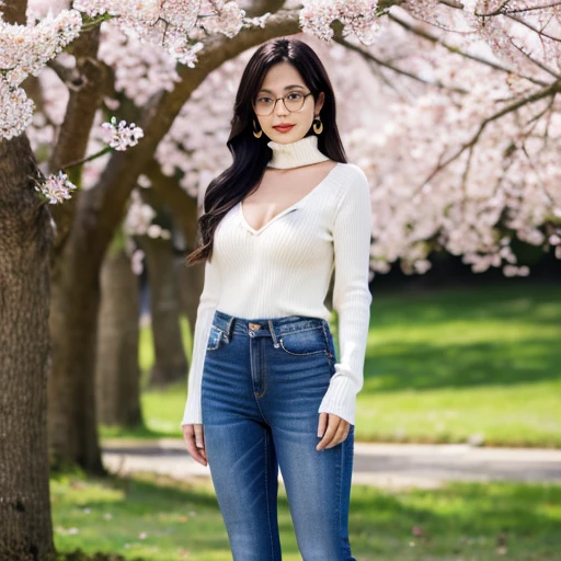 (masterpiece、highest quality、High resolution、8K)、Beautiful 35 year old Japanese woman with glasses、beautiful long black hair、Wear glasses,big breasts,cleavage,Standing under a large cherry tree in full bloom,A sweater that fits perfectly to the body,Sexy turtleneck knit sweater with a round hole in the center of the chest:1.4、Tight fitting blue jeans,Feminine sandals,cowboy shot