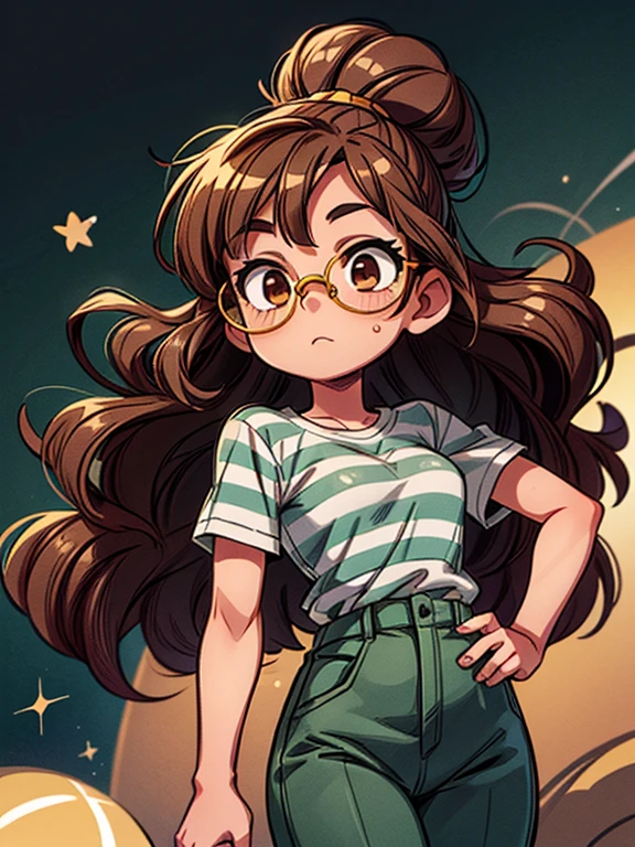 Girl with long brown curly hair, brown eyes, wearing gold circular glasses, a green and gray striped (horizontal stripes) shirt, black pants, (floating in space)