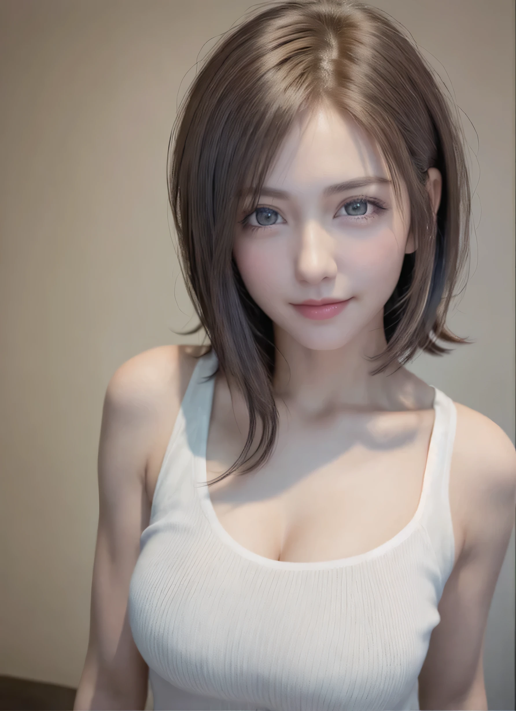 highest quality, ultra high resolution, (realistic: 1.4), beautiful eyes, super beautiful, short hair, beautiful breasts, spouse, T-shirt with rough chest, Eyes that invite the viewer, spouse's eyes, an inviting look, sexy smile, perfect style, perfect balance, fine skin, mischievous eyes, I can see your chest