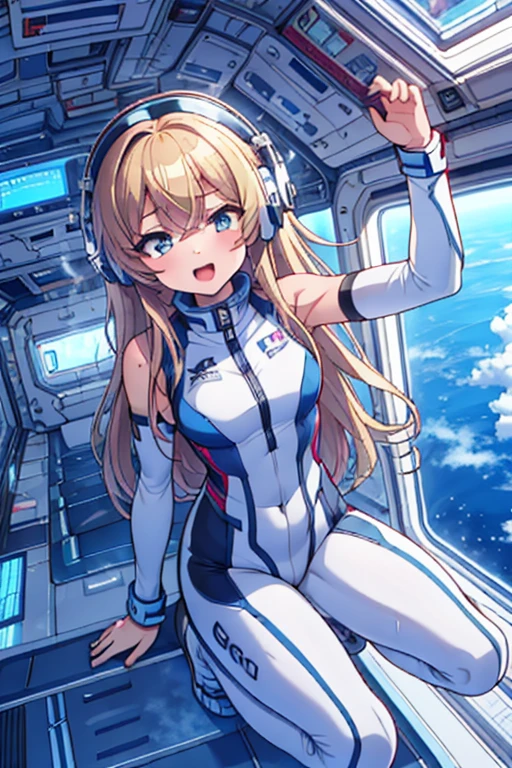 top-quality,Top image quality,in 8K,4K,​masterpiece,ultra-detailliert,Beautiful,ultra-quality, best quality,high resolution, ultra-detailed,game cg,dutch angle,(acrobatic pose):5,jumping:5,(inside spacestation,)beautiful detailed eyes,five fingers,headphone,nsfw,a beauty girl,(astrovest):5,(track uniforms),wet,(steam:1.5),Running form,open open mouth,(blonde hair),(long hair):2,Navel,space_station_interior, exercise_room, futuristic, high_technology, zero_gravity_exercise_equipment, high_resolution_landscape, sleek_design, minimalistic, 8K_resolution, game_cg_style, Dutch_angle, detailed_character, track_uniform, perfect_running_form, intense_expression, detailed_eyes, determination, steam:1.5, beauty, strength, five_fingers, visible_navel, open_mouth, ultra_quality, high_resolution, ultra_detailed,astrovest