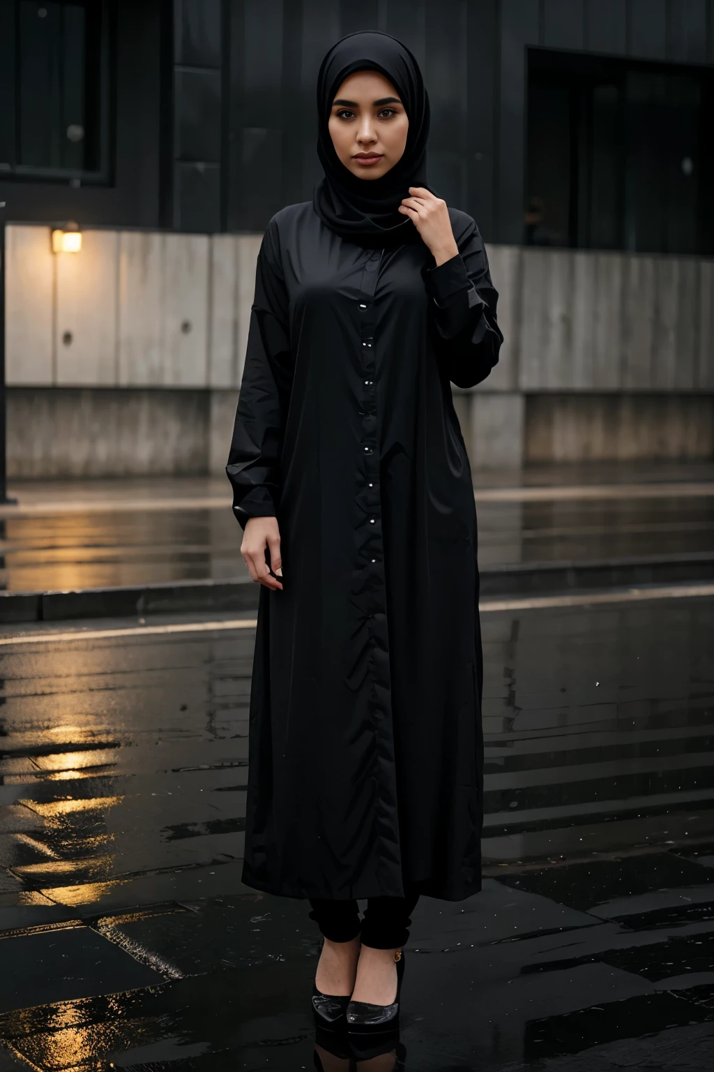 A beautiful girl wearing black hijab in rainy day, full body, with abaya, full detail, realistic
