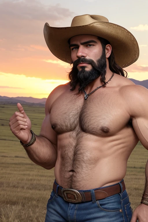 An illustration of a Greek god with a muscular build and a thick beard.., designed in modern western attire.. Tiene una chaqueta de mezclilla y jeans., with a cowboy hat tilted at a debauched angle on his head. His expression is confident and charming.., con un atisbo de sonrisa. The setting is a rustic ranch with horses in the background.., evoking a classic cowboy vibe, sin dejar de mantener el aura poderosa y regia del dios.