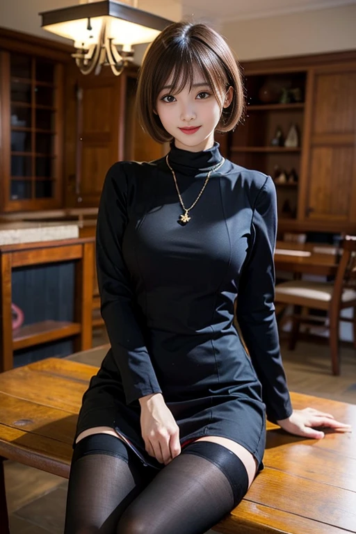 table top, highest quality, shape, Super detailed, finely, High resolution, 8k wallpaper,short hair、 完璧なダイナミックな構shape, beautiful and detailed eyes, suit,natural color lip, smile、18 year old girl,When wearing black tights or stockings、plump thighs、shortcut