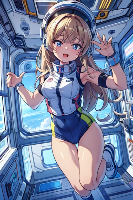 top-quality,Top image quality,in 8K,4K,​masterpiece,ultra-detailliert,Beautiful,ultra-quality, best quality,high resolution, ultra-detailed,game cg,dutch angle,(acrobatic pose):5,jumping:5,(inside spacestation,)beautiful detailed eyes,five fingers,headphone,nsfw,a beauty girl,(astrovest):5,(track uniforms),wet,(steam:1.5),Running form,open open mouth,(blonde hair),(long hair):2,Navel,space_station_interior, exercise_room, futuristic, high_technology, zero_gravity_exercise_equipment, high_resolution_landscape, sleek_design, minimalistic, 8K_resolution, game_cg_style, Dutch_angle, detailed_character, track_uniform, perfect_running_form, intense_expression, detailed_eyes, determination, steam:1.5, beauty, strength, five_fingers, visible_navel, open_mouth, ultra_quality, high_resolution, ultra_detailed,astrovest