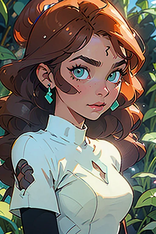 (best quality, ultra-detailed, photorealistic), 1 girl, beautiful detailed eyes, beautiful detailed lips, long eyelashes, brown skin, slim thick, twin afro puffs, red hair, dress romper, green jewel eyes, vibrant colors, soft natural lighting