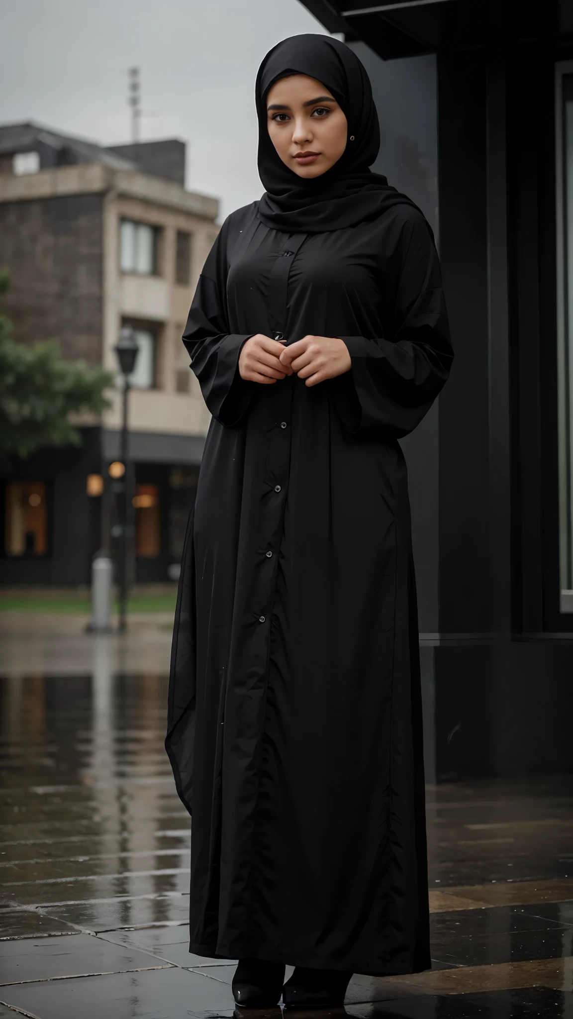 A beautiful girl wearing black hijab in rainy day, full body, with abaya, full detail, realistic