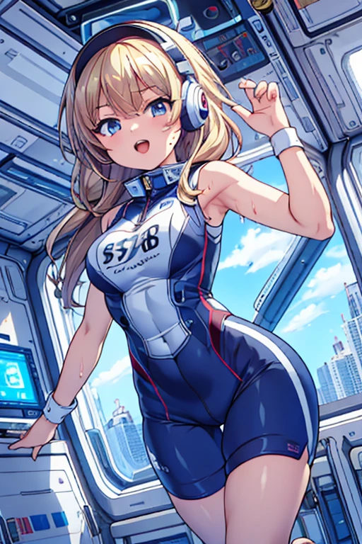 top-quality,Top image quality,in 8K,4K,masterpiece,ultra-detailliert,Beautiful,ultra-quality, best quality,high resolution, ultra-detailed,game cg,dutch angle,(acrobatic pose):5,jumping:5,(inside spacestation,)beautiful detailed eyes,five fingers,headphone,nsfw,a beauty girl,(astrovest):5,(track uniforms),wet,(steam:1.5),Running form,open open mouth,(blonde hair),(long hair):2,Navel,space_station_interior, exercise_room, futuristic, high_technology, zero_gravity_exercise_equipment, high_resolution_landscape, sleek_design, minimalistic, 8K_resolution, game_cg_style, Dutch_angle, detailed_character, track_uniform, perfect_running_form, intense_expression, detailed_eyes, determination, steam:1.5, beauty, strength, five_fingers, visible_navel, open_mouth, ultra_quality, high_resolution, ultra_detailed,astrovest