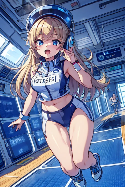 top-quality,Top image quality,in 8K,4K,​masterpiece,ultra-detailliert,Beautiful,ultra-quality, best quality,high resolution, ultra-detailed,game cg,dutch angle,(acrobatic pose):5,jumping:5,(inside spacestation,)beautiful detailed eyes,five fingers,headphone,nsfw,a beauty girl,(astrovest):5,(track uniforms),wet,(steam:1.5),Running form,open open mouth,(blonde hair),(long hair):2,Navel,space_station_interior, exercise_room, futuristic, high_technology, zero_gravity_exercise_equipment, high_resolution_landscape, sleek_design, minimalistic, 8K_resolution, game_cg_style, Dutch_angle, detailed_character, track_uniform, perfect_running_form, intense_expression, detailed_eyes, determination, steam:1.5, beauty, strength, five_fingers, visible_navel, open_mouth, ultra_quality, high_resolution, ultra_detailed,astrovest