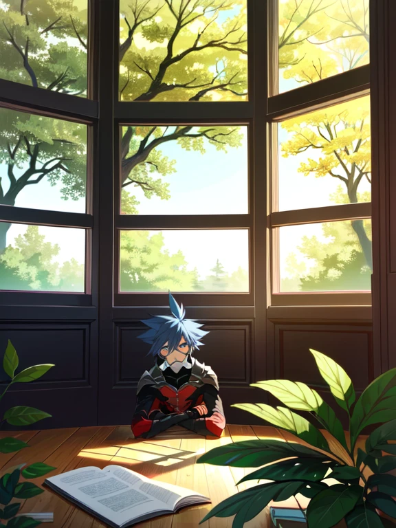 ((ultra detallado, obra maestra, absurdos))
 KH Vanitas sora, 1 boy, solo, By the chestnut, blue eyes, pelo de punta, biblioteca, sentado en alfombra, ambiente acogedor, trees can be seen from the window , warm charm