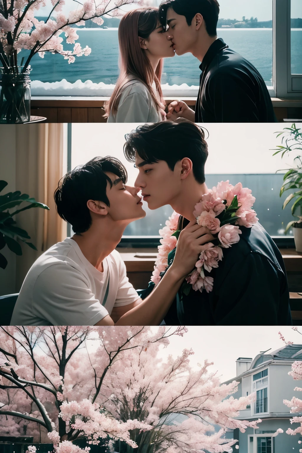 close up, the 90s movie scene, two young man kissing in a house made by water with filled of full variety of fishes and pink flowers in the room, a scene shot by chen jiru, featured on tumblr, aestheticism, made of pink flowers, handsome, movie still, 1990s, kim taehyung and jeon jungkook, film grain, snowy day, house underwater